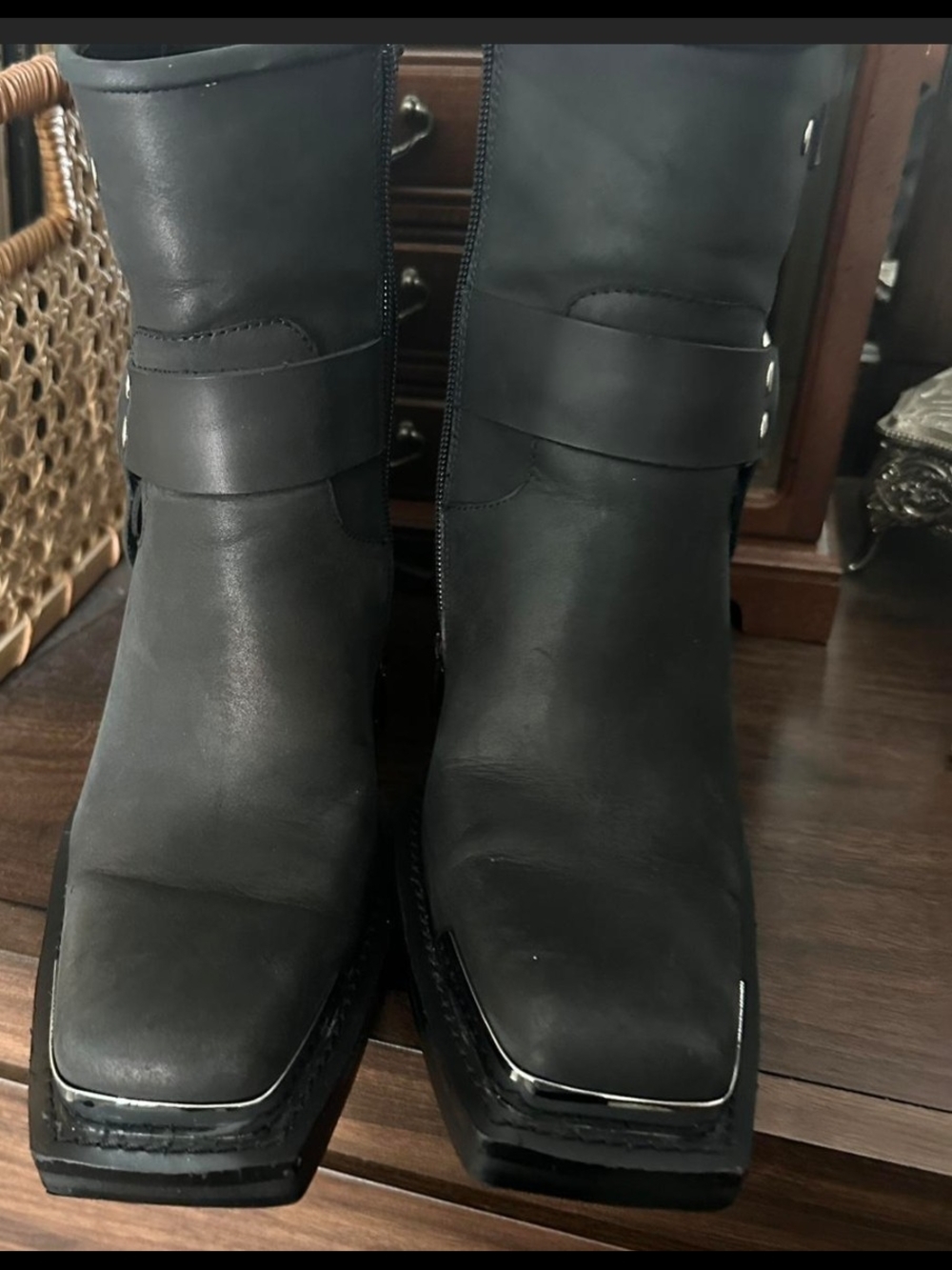 Jeffrey Campbell "Handler" Black Leather Ankle Boots with Studded Strap - Picture 4 of 6